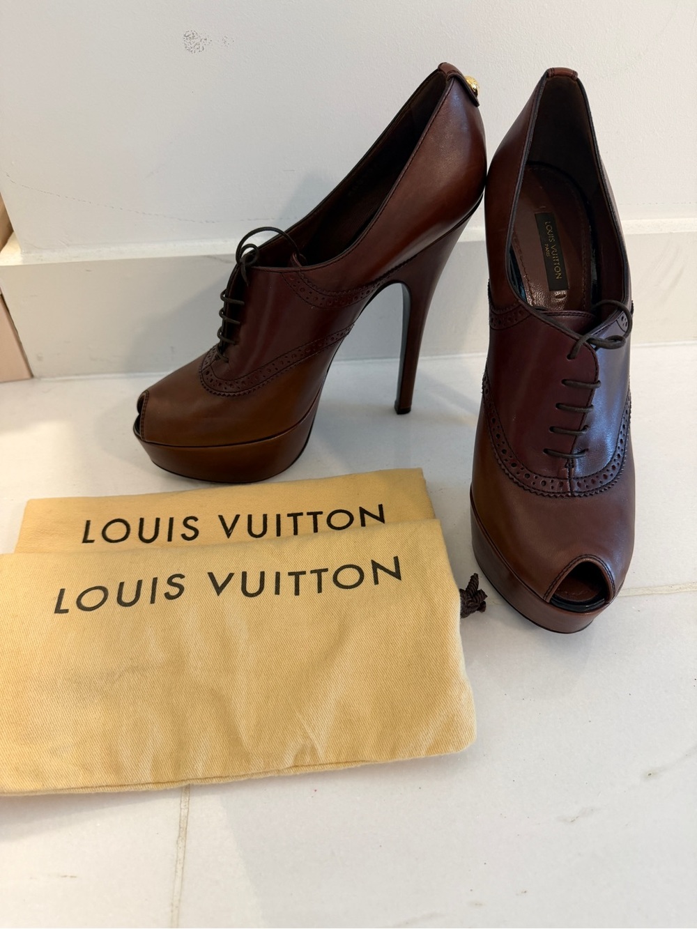 Louis Vuitton Brown Leather Peep-Toe Lace-Up Pumps - Picture 1 of 11